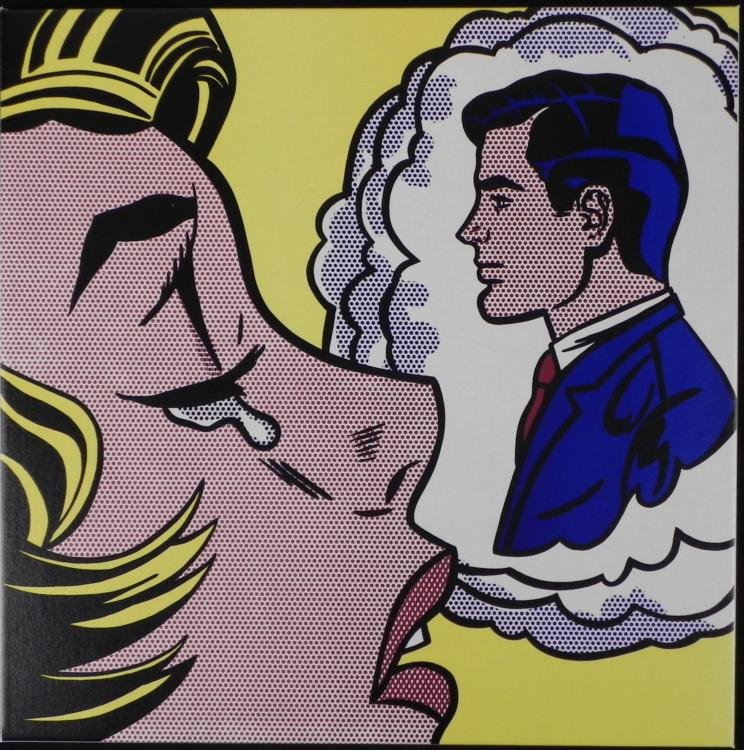 Thinking of Him Roy Lichtenstein Print Canvas Art: Thinking of Him Roy Lichtenstein Lithograph Comic Strip Canvas Art * * * Title: "Thinking of Him" * * Artist: Roy Lichtenstein * * Medium: unsigned offset lithograph print transferred onto c