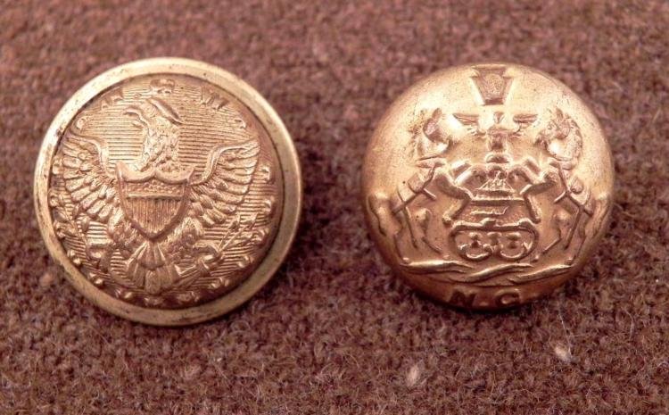 2 NGW National Guard Gilt Buttons Post Civil War: 2 National Guard Gilt Buttons, dating from just after the Civil War * * N.G.W.Obverse: Eagle and shield, with stars Reverse: PETTIBONE, MF'G & CO., CINCINNATI * * N.G. Obverse: Two horses and shieldRe