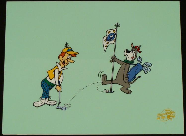 The Jetsons Sericel Astro Orig Animation Golf Putting: It appears that Astro is helping George Jetson hit his ball into the hole. This is a cel from the production of the TV show "The Jetsons." * * Size of Cel: 10 3/4 x 14 inchesHanna-Barbera trademarked