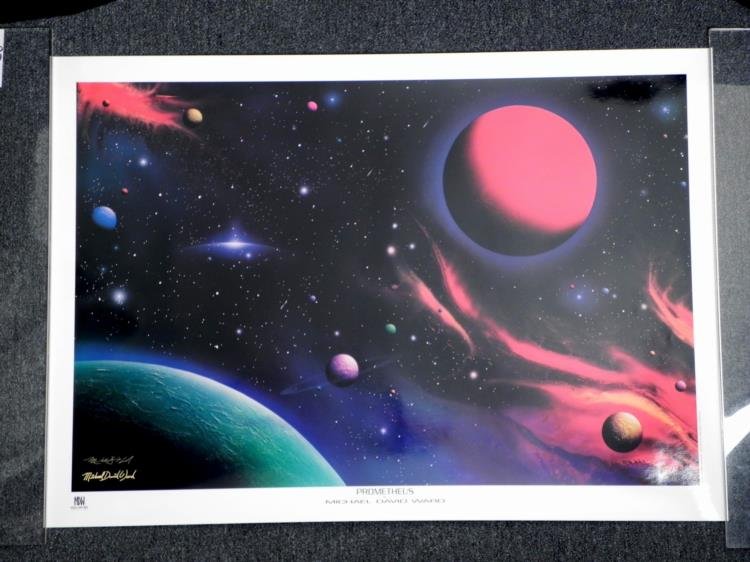 Michael David Ward Signed Prometheus Star Trek Print: This art print portrays the highly classified Prometheus-class starship, gliding along stealthily through deep space, amdist colorful planets. Artist: Michael David Ward Signature: In gold paint pen,