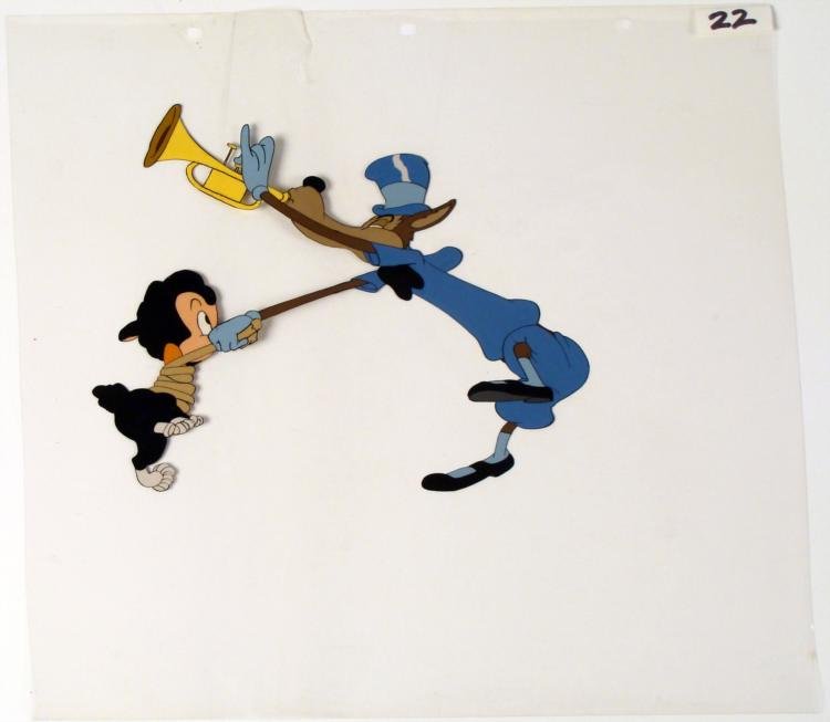 Cel Original Animation Three Little Pigs Time to Leave: This is an original animation cel from the production of a Three Little Pigs animated cartoon. Excuse me, Mr. Wolf, yeah hi. It's getting kind of late and I'd like to go home now... Medium: Hand