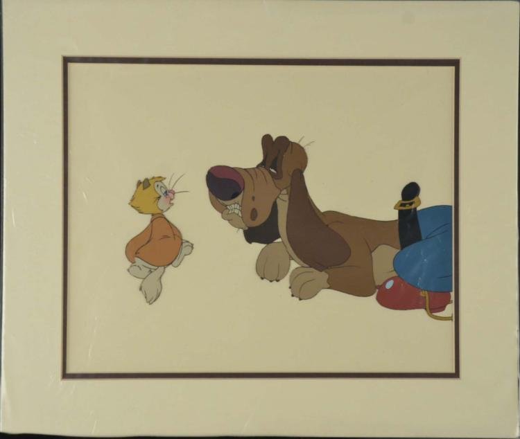 Rock-A-Doodle Orig Animation Production Cel Dog & Cat: This is an original animation cel used in the production of the 1991 Don Bluth film Rock-A-Doodle. This scene shows the old farm dog Patou and the little cat Edmond. Medium: Hand painted cel acetate C