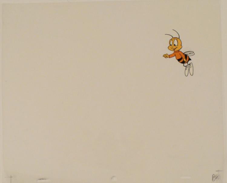 Cereal Original Cel Buzz Cherrios Animation Honey Bee: Here, it appears that Buzz is pointing at the cereal box. This is an original animation cel from the production of the Cheerios commercial.Medium: Hand painted acetate celCel size: 10 1/2 x 12 1/2 inc
