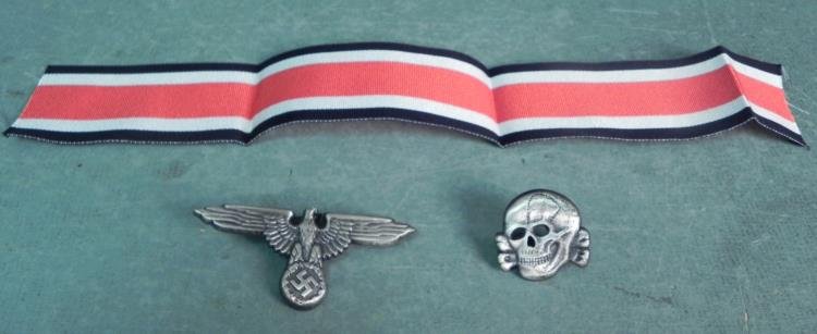SS VISOR CAP EAGLE & SWASTIKA, SKULL INSIGNIA & KNIGHTS: SS VISOR CAP EAGLE & SWASTIKA, SKULL INSIGNIA & KNIGHTS CROSS RIBBON-REPROS EAGLE MARKED RZM-M1/122----SKULL MARKED RZM M1/122 ALSO----RIBBON IS 12" LONG AND 1 3/4" WIDE