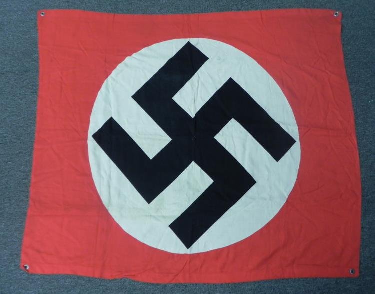 ORIGINAL NAZI SWASTIKA OFFICIAL VEHICLE FLAG-36X48": ORIGINAL NAZI SWASTIKA OFFICIAL VEHICLE FLAG-36X48"-UN-ISSUED CORNER GROMMETS SINGLE SIDED EARLY WAR NAZI SWASTIKA FLAG TO MARK TOPS OF OFFICIAL MILITARY VEHICLES-FINE LINEN-GUARANTEED ORIGINAL-UN-ISS