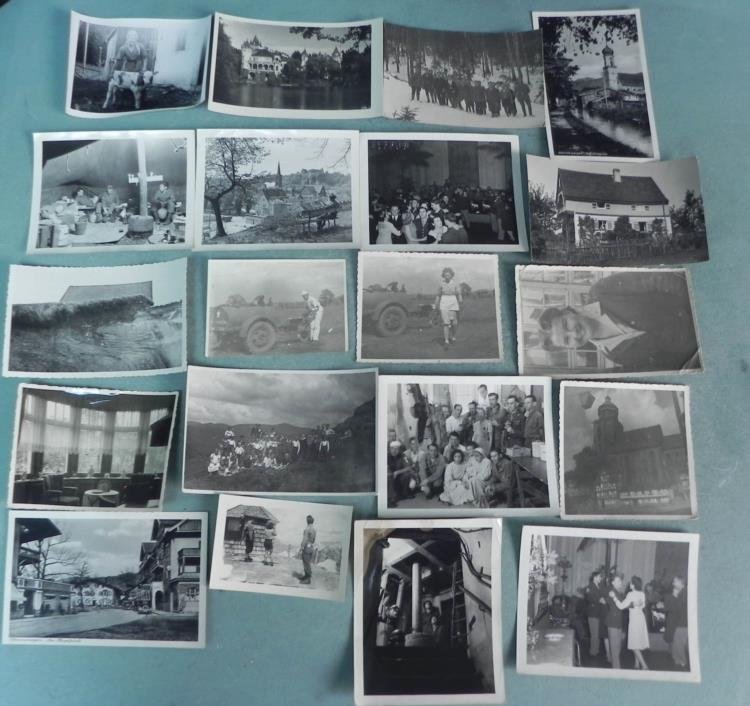 25 WWII PHOTOS OF GERMANY-SENT HOME BY GI-LARGER FORMAT: 25 WWII PHOTOS OF GERMANY-SENT HOME BY GI-LARGER FORMAT COMES WITH ENVELOPE TITLED "PICTURES DICK SENT FROM GERMANY"-SOME OF GI'S, GERMAN CITIZENS, USO TYPE DANCE IN CAPTURES CASTLE