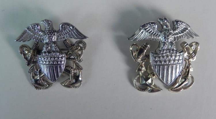 WWII Pair of Sterling Silver Navy Hat Badges N.S. Meyer: We are offering this pair of WWII Sterling Silver Navy Hat Badges. Both are in excellent condition, and both are marked both "Sterling" and on the gold part "1/20 10K Sterling". One is also marked "N.