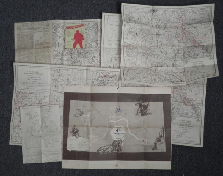 U.S. FIGHTING 4TH DIVISION WWI & WWII ORIG WAR MAPS: U.S. FIGHTING 4TH DIVISION WWI & WWII ORIG WAR MAPS-HISTORY, ETC OUTSTANDING WWI AND WWII LOT FOR THE 4TH DIV