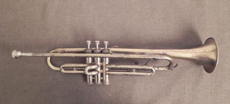 VINTAGE "ALLIANCE" TRUMPET-ENGRAVED: VINTAGE "ALLIANCE" TRUMPET-ENGRAVED WELL MADE OLD TRUMPET-ENGRAVED D B ALLIANCE-USA--ELABORATE ENGRAVING ON UPPER BELL--VALVE #2 STICKS AND VALVES NEED A TUNE UP--MOTHER OF PEARL TOPS--SERIAL # 63726-