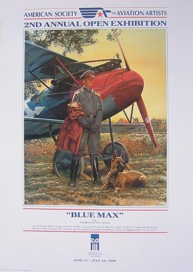 Blue Max Albatross DV Scout Aviation Art James Dietz: Here is a proud pilot, stadning in front of a Albatross D.V. Scout, with his best friend (the dog) reposing next to him in this great James Dietz poster. This is an open edition poster.&nbs