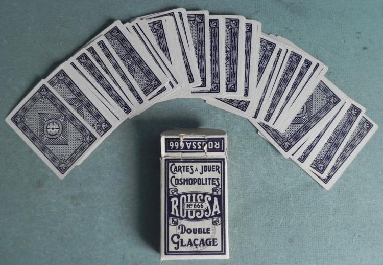 NAZI ISSUED PLAYING CARDS-52+JOKER- BELGIUM-W/BOX: NAZI ISSUED PLAYING CARDS-52+JOKER-MADE IN BELGIUM-W/BOX ROUSSA #666 PLAYING CARDS-NAZI INK STAMP ON BOX-EUROPEAN TITLES-IE: KING CALLED REX ETC