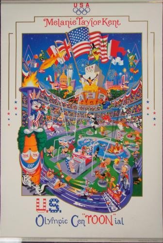Melanie Taylor Kent US OLYMPICS CENTOONIAL 1996 Poster: This colorful poster by famous artist Melanie Taylor Kent was created for the Olympic Games in Atlanta in 1996:Title: "Olympic Cen'TOON' ial" Poster on semi-gloss paper 24 × 36 Very good - excell