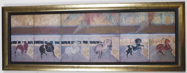 Hunter Jumper Asian Horse Panel Painting in Gold Frame: Up for sale we have a Hunter Jumper Asian Horse Panel Painting mounted in a Black and Gold Frame. This oblong equine show jumping scene painting consists of 6 independently painted panels combined tog
