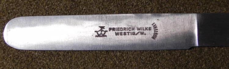 WWII NAZI FIELD MESS KIT KNIFE-ORIG-MAKER MKD-EX COND: WWII NAZI FIELD MESS KIT KNIFE-ORIG-MAKER MKD-EX COND8" LONG---MAKER MARKED "FRIEDRICH WILKE-WESTIG/W.--ROSTFREI" WITH LOGO
