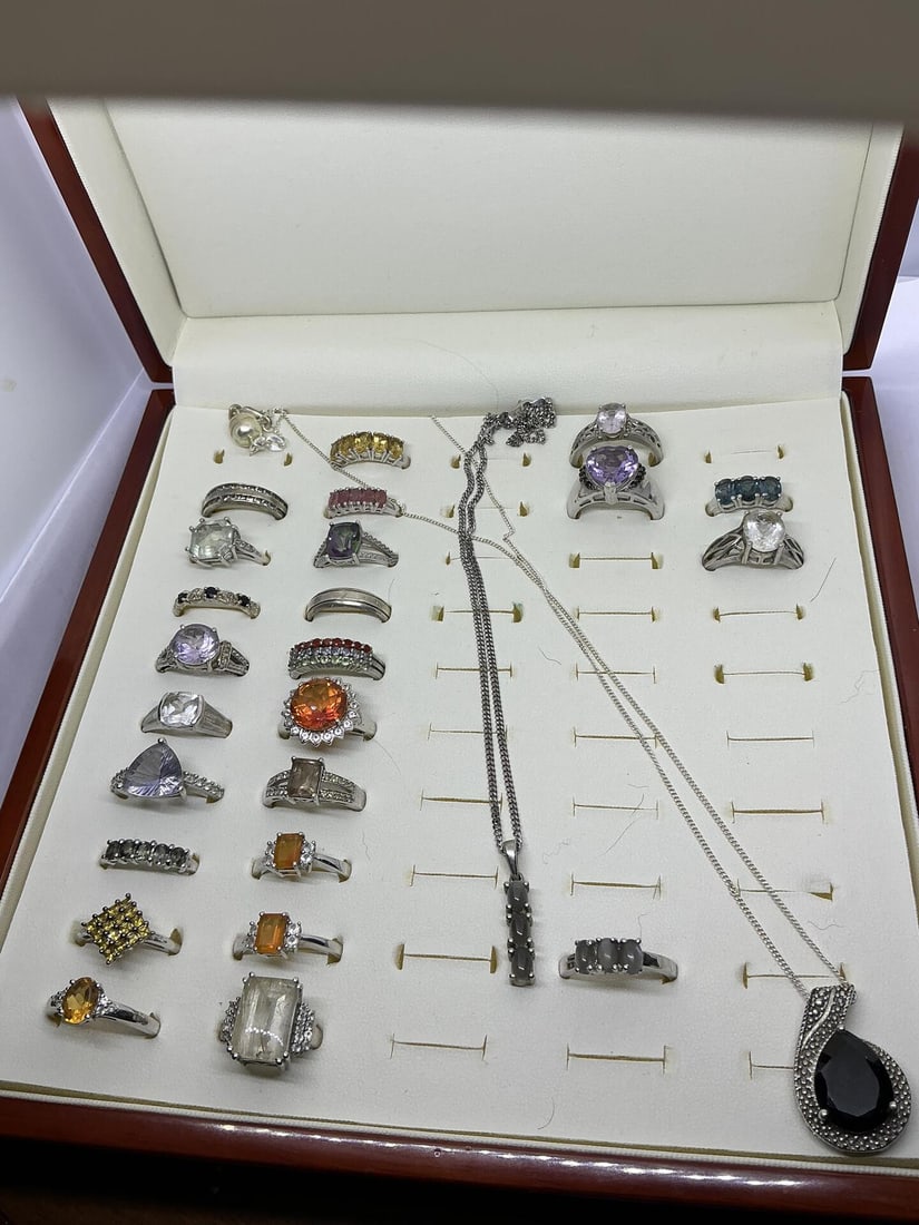 26 x ASSORTED RINGS AND NECKLACES - RUBY, SAPPHIRE, PERIDOT , OPAL ETC ALL IN WHITE METAL (1 of 3)