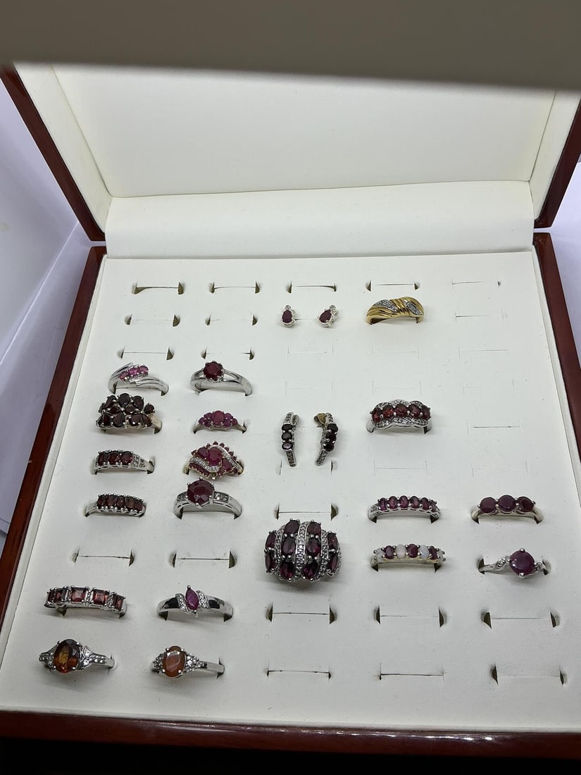 21 x ASSORTED RINGS & EARRINGS - RUBY, GARNET, OPAL ETC ALL IN WHITE METAL (1 of 3)