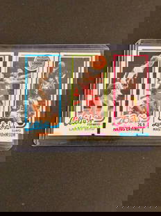 1980-81 Topps Bird/Erving/Johnson Seperated: 1980-81 Topps Larry Bird / Julius Erving / Magic Johnson rookie card panel, separated. Originally part of a three-panel perforated card, this piece has been split along the perforations. Despite being