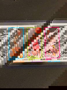 1980-81 Topps Bird/Erving/Johnson Seperated: 1980-81 Topps Larry Bird / Julius Erving / Magic Johnson rookie card panel, separated. Originally part of a three-panel perforated card, this piece has been split along the perforations. Despite being