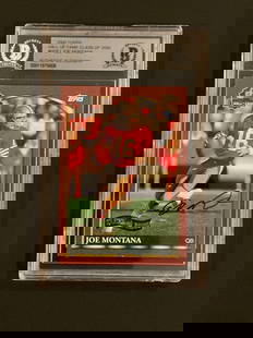 2000 Topps Hall of Fame Class of 2000 Joe Montana #HOF1 Beckett Authentic Auto: 2000 Topps Hall of Fame Class of 2000 Joe Montana #HOF1 with Beckett certified authentic autograph. This commemorative card honors Montana's Hall of Fame induction and features a bold, verified signat