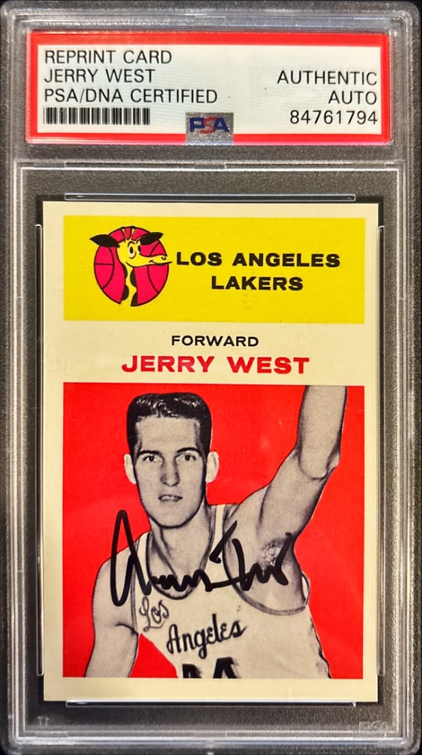 Jerry West Reprint Card – PSA/DNA Auto (Authentic): Jerry West reprint card carrying a crisp, full-name autograph from ‘Mr. Clutch’; PSA/DNA certified authentic, ideal for autograph collectors.