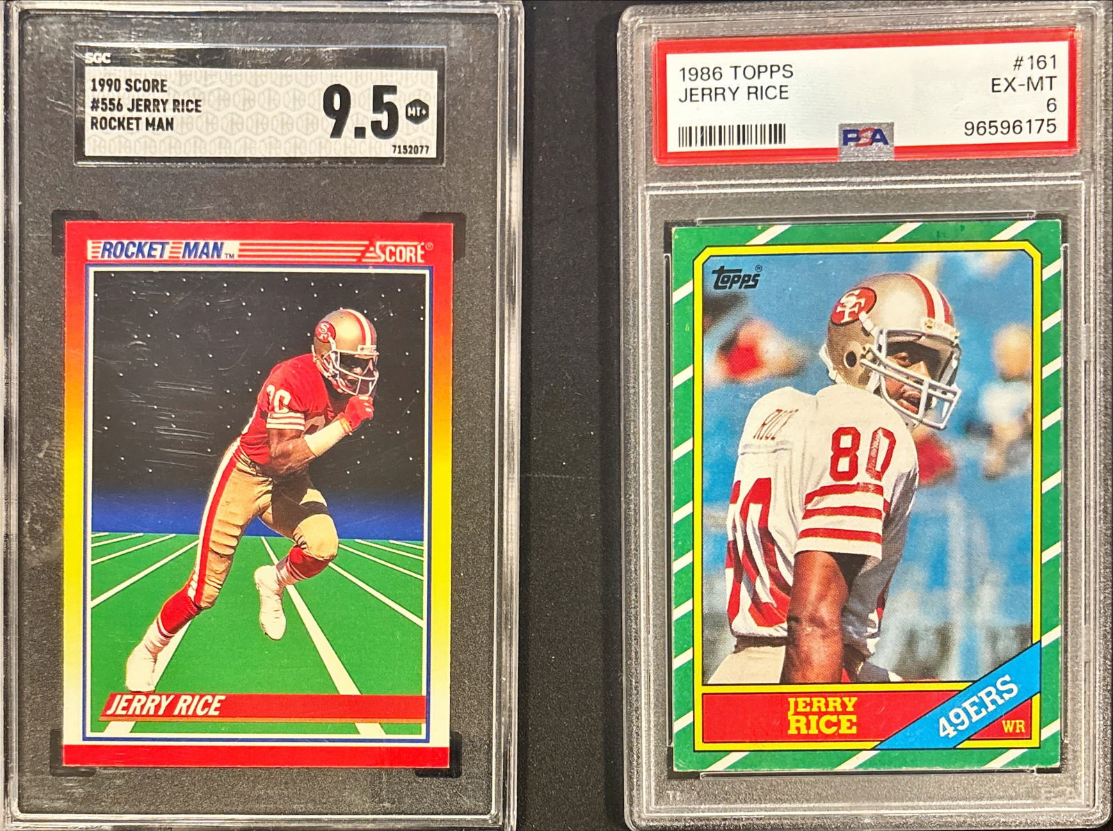 Lot of 2 Graded Jerry Rice Cards – 1990 Rocket Man SGC 9.5 & 1986 Topps PSA 6 (1 of 2)