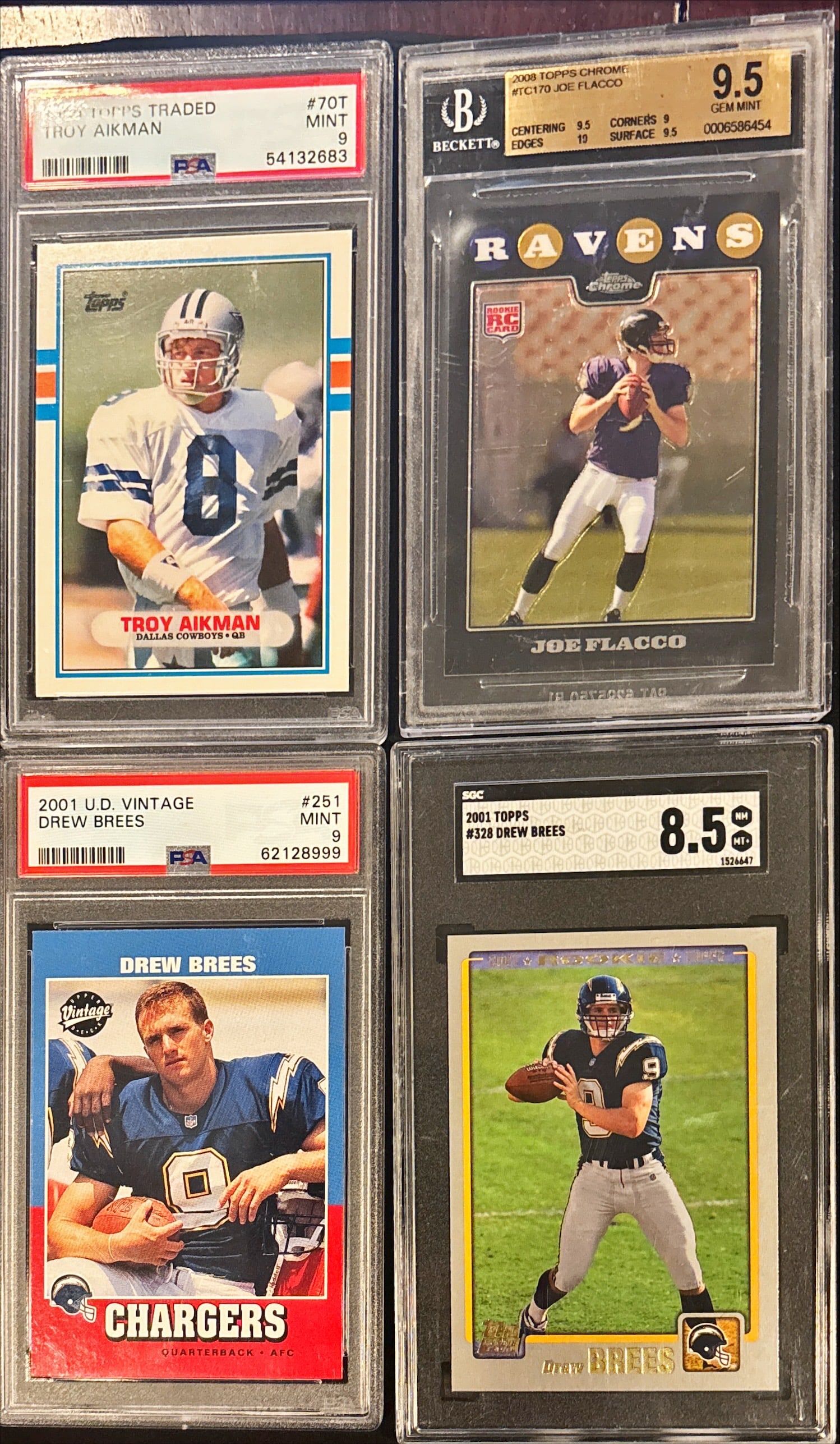 Lot of 4 Graded QB Cards – Aikman / Flacco Chrome RC / Brees PSA & SGC (1 of 2)