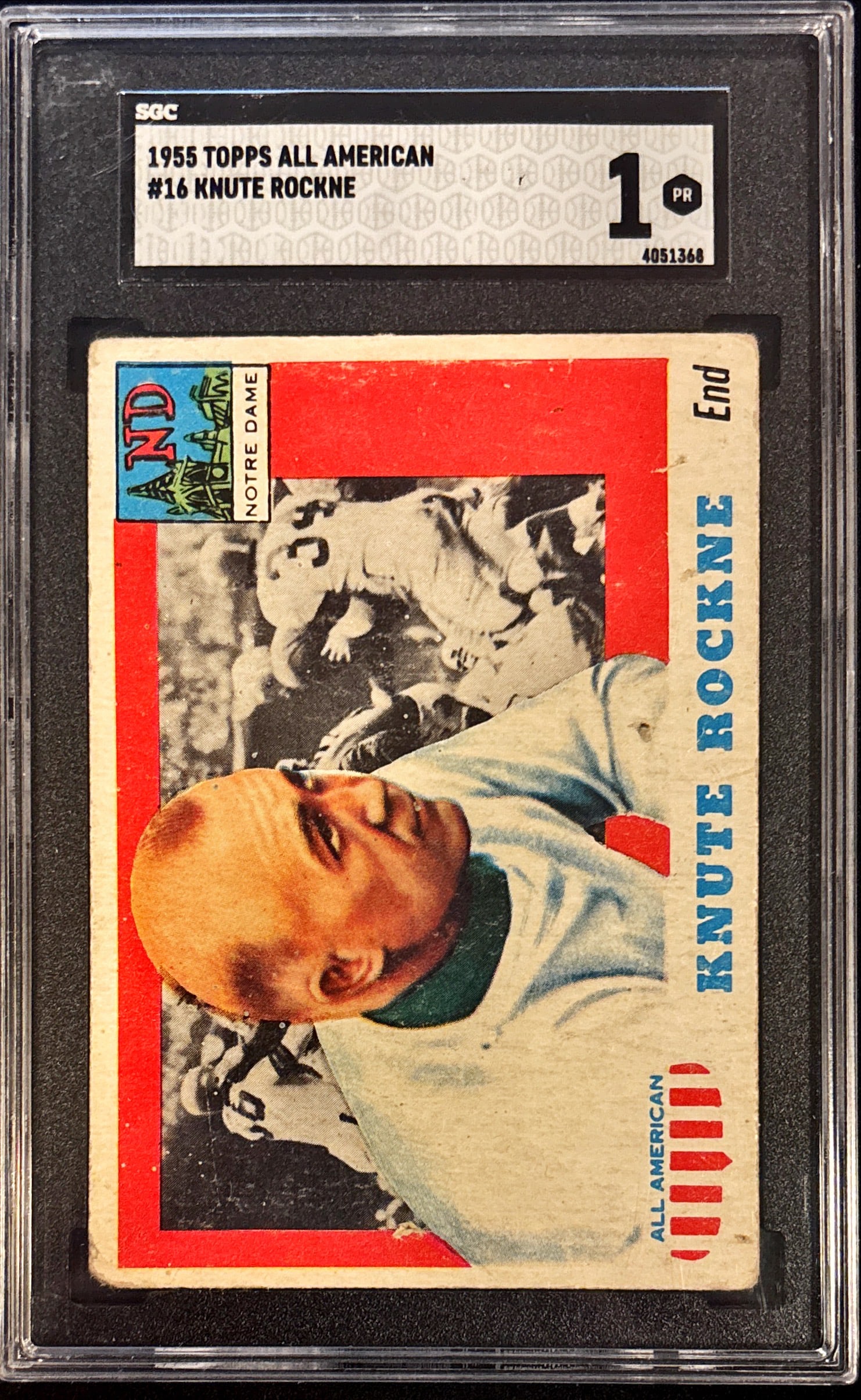 1955 Topps All American Knute Rockne #16 – SGC 1 (PR): This lot features a 1955 Topps All American Knute Rockne #16 graded SGC 1 (PR).A classic vintage football issue of legendary Notre Dame coach Knute Rockne. Despite the low grade, the card retains stro