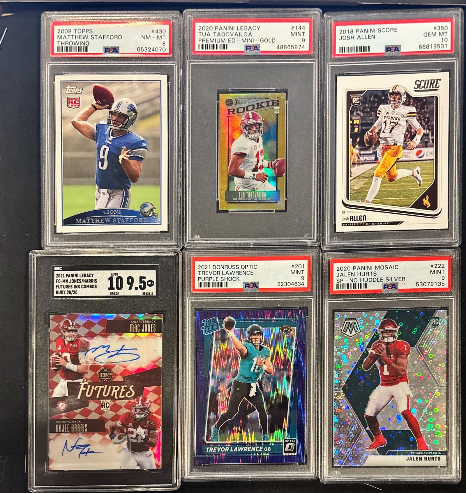Lot of 6 Graded QB Cards – Stafford / Tua / Allen / Mac-Jones-Harris Auto / Lawrence / Hurts (1 of 2)