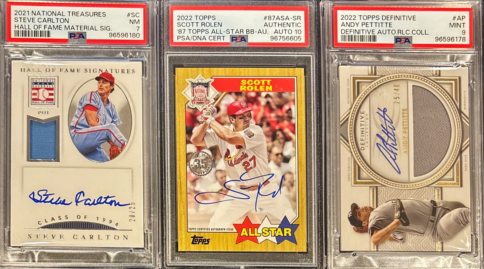 Lot of 3 PSA Autographs/Memorabilia – Carlton / Rolen / Pettitte (1 of 2)