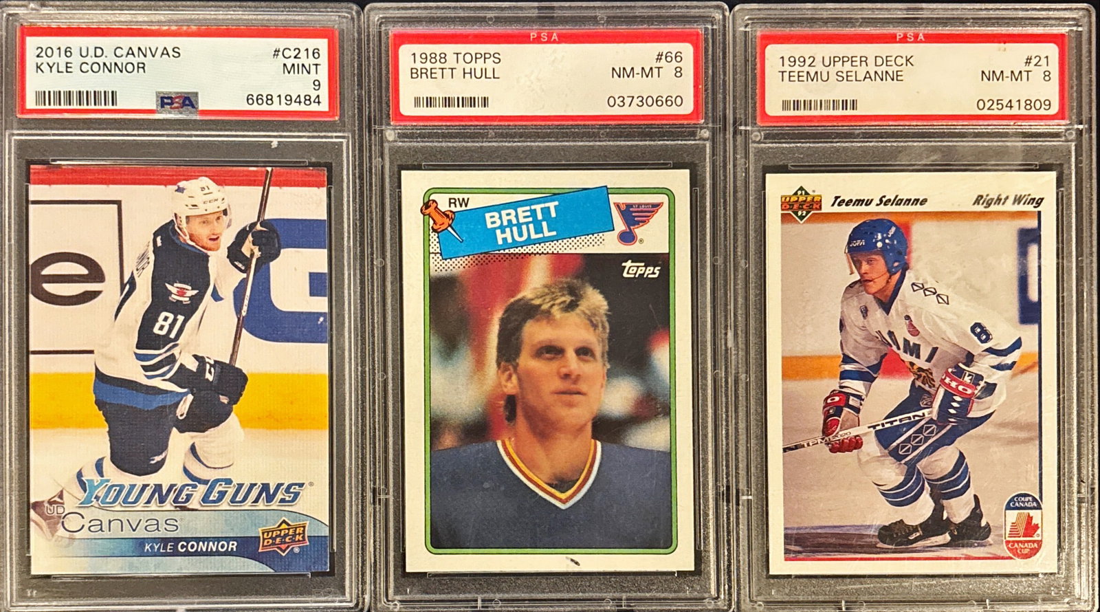 Lot of 3 Hockey Cards – Connor PSA 9 / Hull PSA 8 / Selanne PSA 8 (1 of 2)