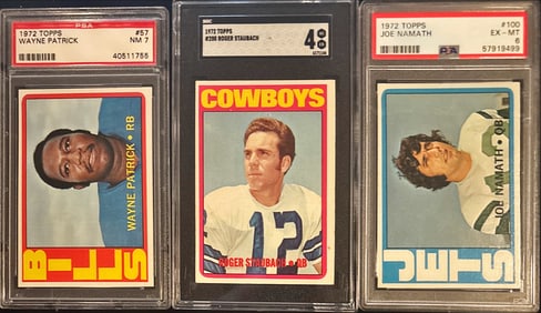 Lot of 3 – 1972 Topps Staubach / Namath / Patrick – PSA & SGC