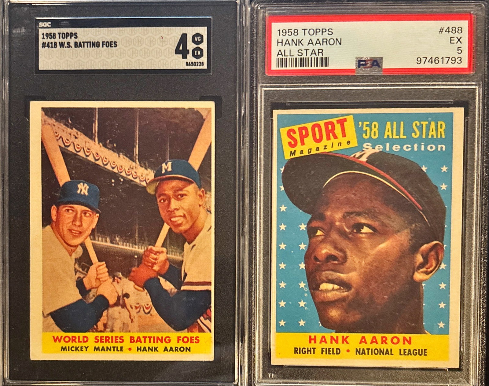 Lot of 2 – 1958 Topps Mantle/Aaron #418 & Hank Aaron All-Star #488: This lot includes two graded 1958 Topps cards featuring Hall of Famers Mickey Mantle and Hank Aaron:• 1958 Topps #418 “World Series Batting Foes” (Mantle & Aaron) – SGC 4 VG-EX• 19