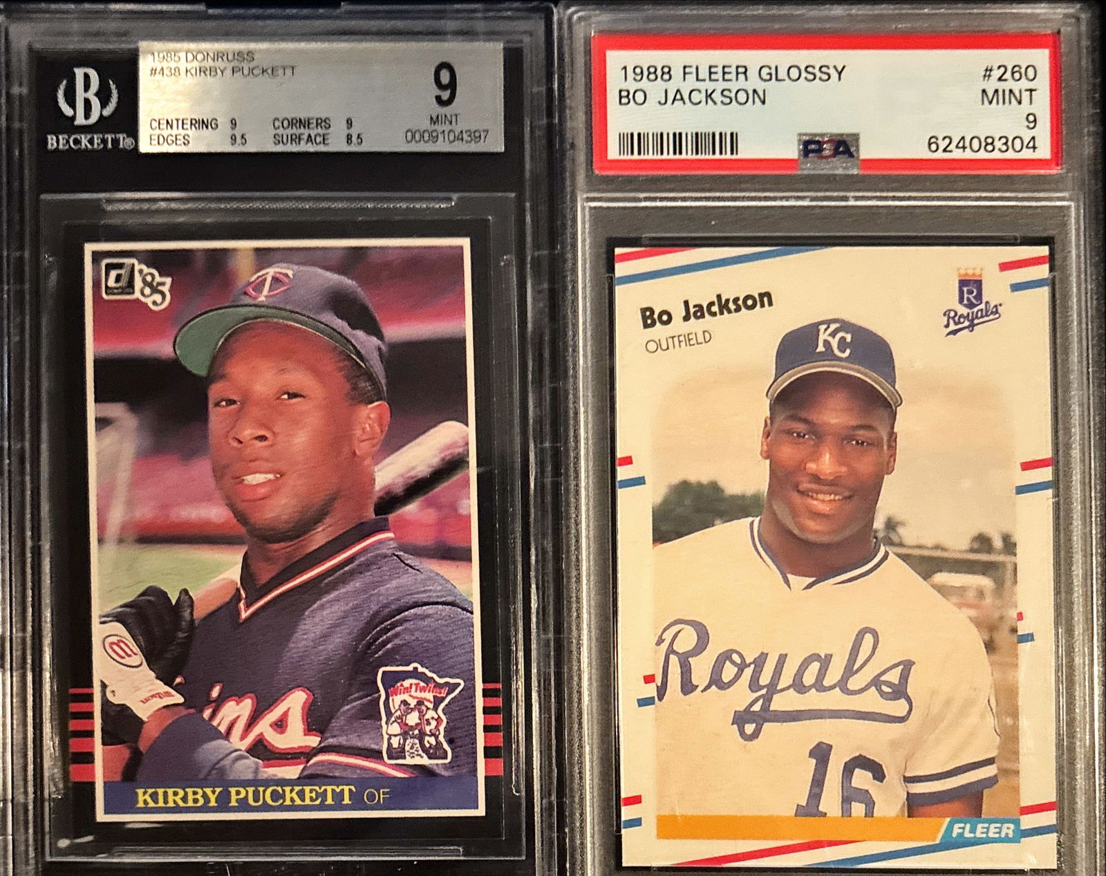 Lot of 2 – 1985 Donruss Kirby Puckett BGS 9 & 1988 Fleer Glossy Bo Jackson PSA 9 (1 of 2)