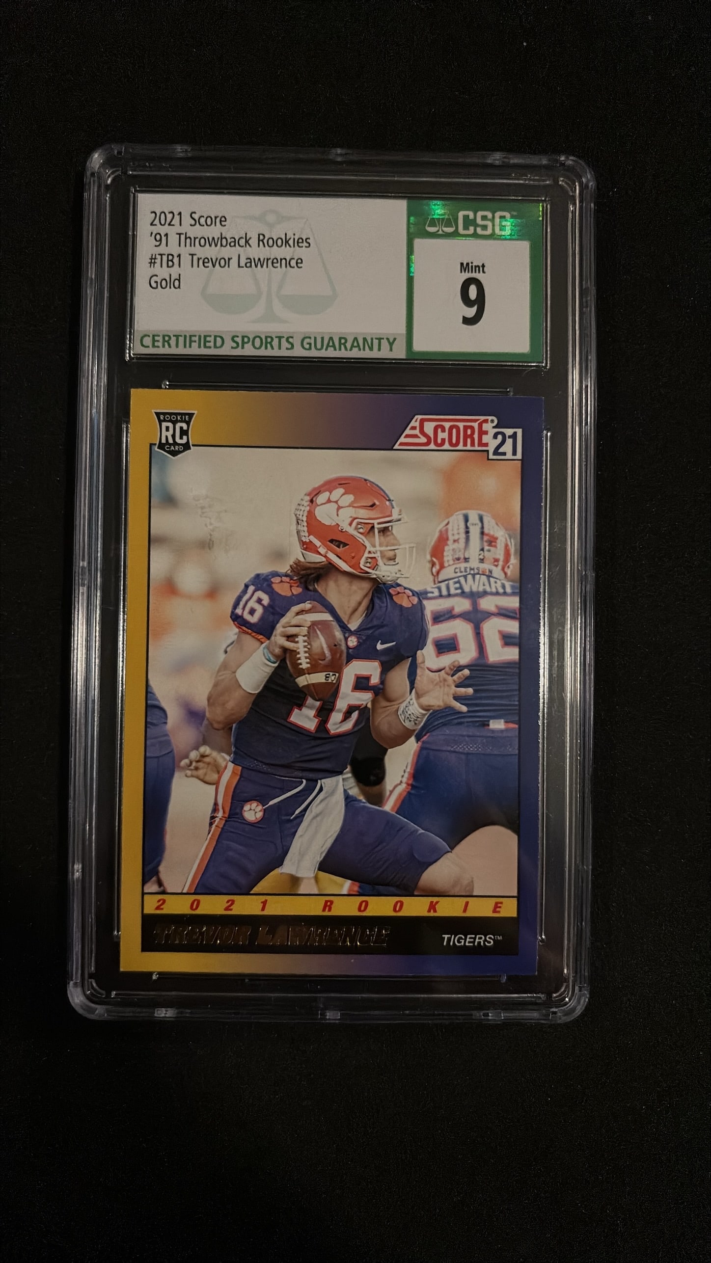 2021 Score ’91 Throwback Rookies Trevor Lawrence Gold #TB1 – CSG Mint 9 (1 of 2)