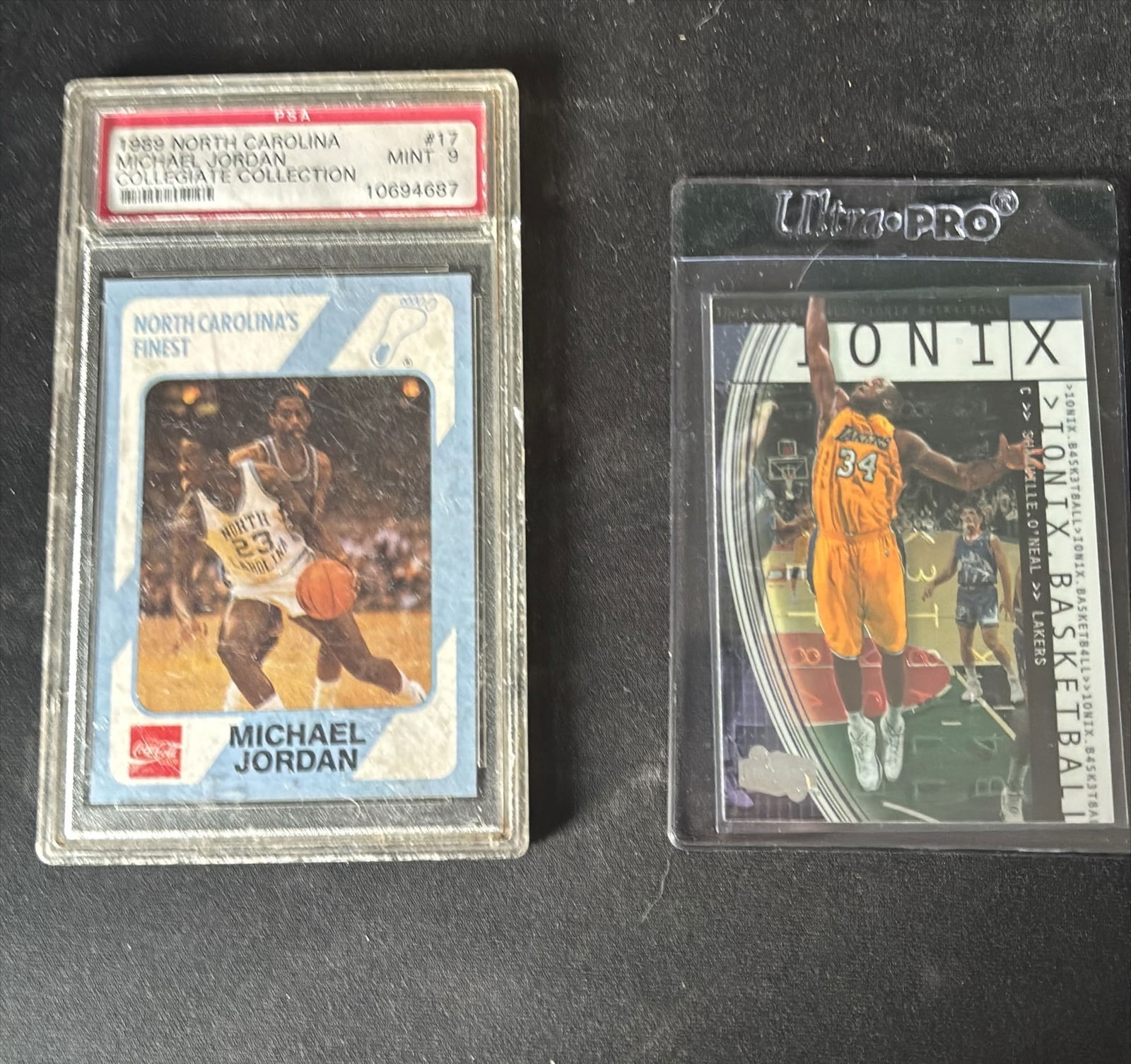 PSA 9 Michael Jordan 1989 North Carolina Collegiate Collection #17 + 2000 Upper Deck Ionix Shaquille (1 of 2)