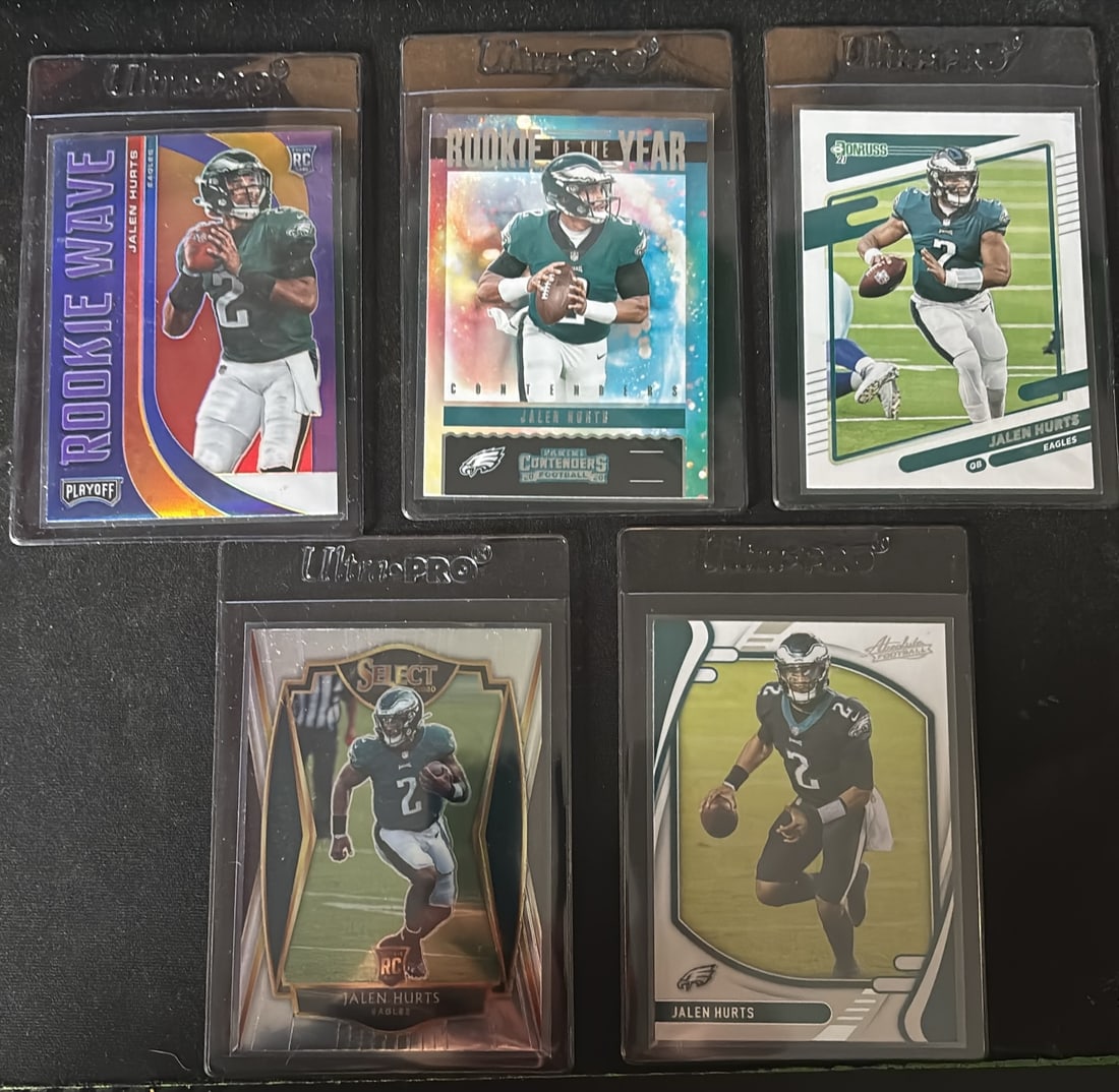 2020–2021 Jalen Hurts Card Lot (5 Cards) — Rookie/Early Career Inserts & Base (1 of 2)