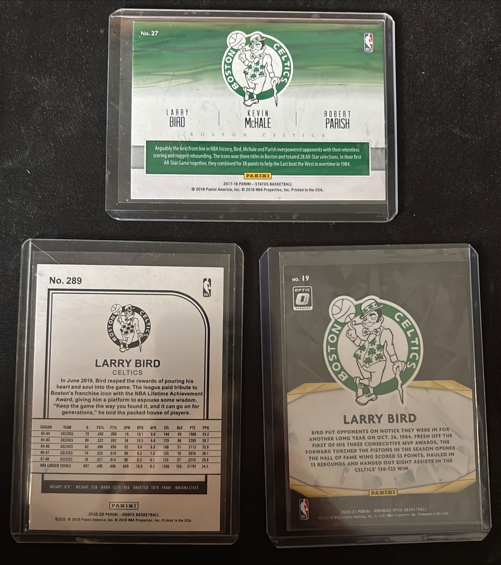 Larry Bird Celtics Lot (3 Cards) — 2017-18 Panini Status “Factions?? + 2019-20 Hoops #289 + - 2
