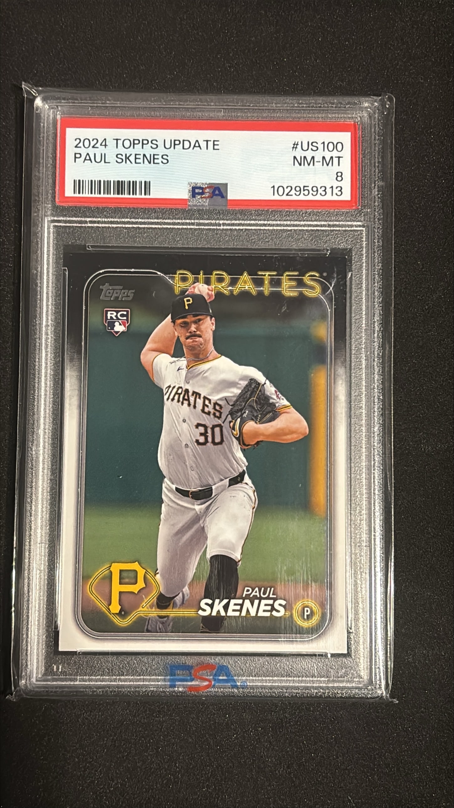 2024 Topps Update #US100 Paul Skenes Rookie PSA 8 NM-MT: 2024 Topps Update #US100 Paul Skenes Pittsburgh Pirates Rookie Card. Graded PSA 8 NM-MINT. A strong example of the 2024 Cy Young Award winner's rookie card from his highly anticipated MLB debut season
