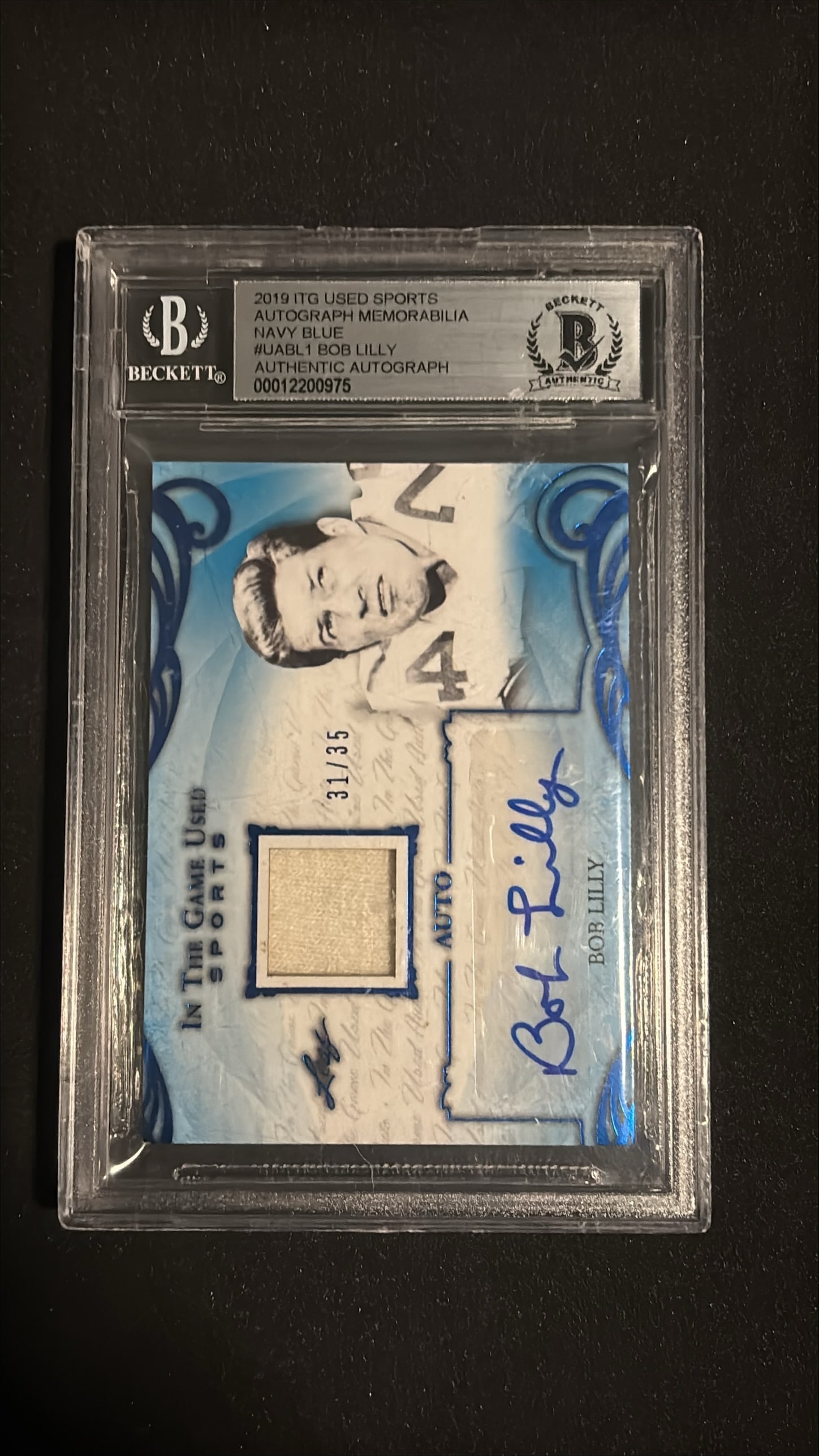 2019 ITG Bob Lilly Auto Memorabilia #31/35: 2019 In The Game Used Sports Autograph Memorabilia Bob Lilly Navy Blue parallel #31/35. Features authentic blue-ink autograph and authentic game-used navy blue memorabilia swatch. Hall of Famer Bob Li