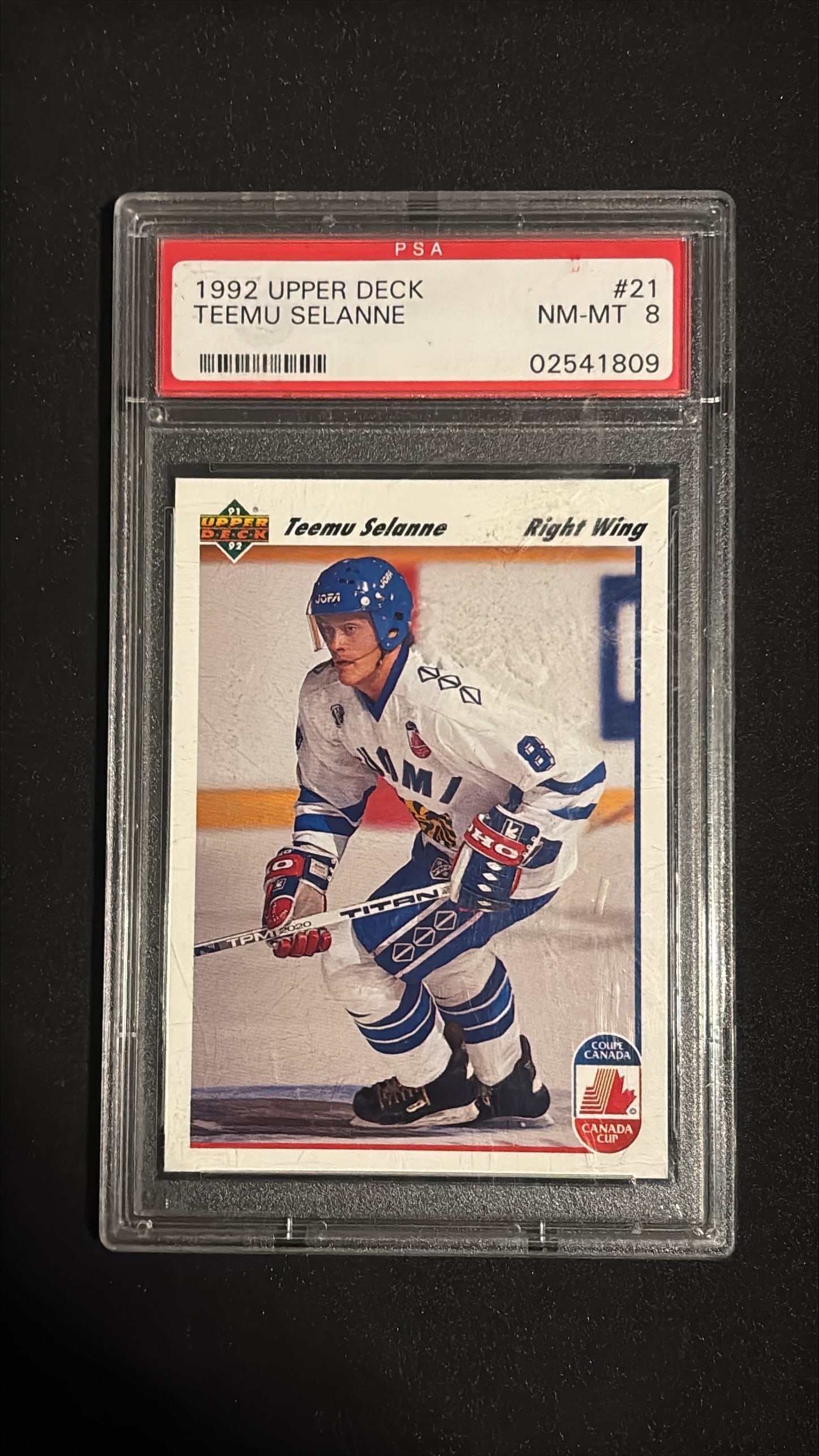 1991-92 Upper Deck #21 Teemu Selanne PSA 8: 1991-92 Upper Deck #21 Teemu Selanne Canada Cup Rookie Card graded PSA 8 (Near Mint-Mint). One of the most iconic hockey rookie cards ever produced. Teemu Selanne, the legendary Finnish Flash, was one