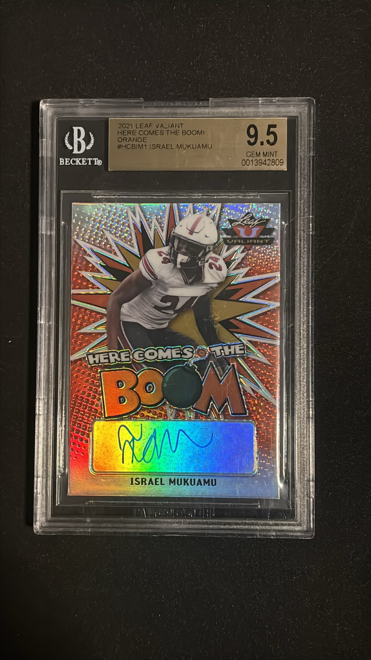 2021 Leaf Valiant HCB Orange #HCB-IM1 Israel Mukuamu BGS 9.5/10: 2021 Leaf Valiant Here Comes the Boom Orange parallel #HCB-IM1 Israel Mukuamu graded BGS 9.5 (Gem Mint) with BGS 10 Authentic Autograph. Chicago Bears defensive back, Wake Forest Gamecocks, 2021 draft