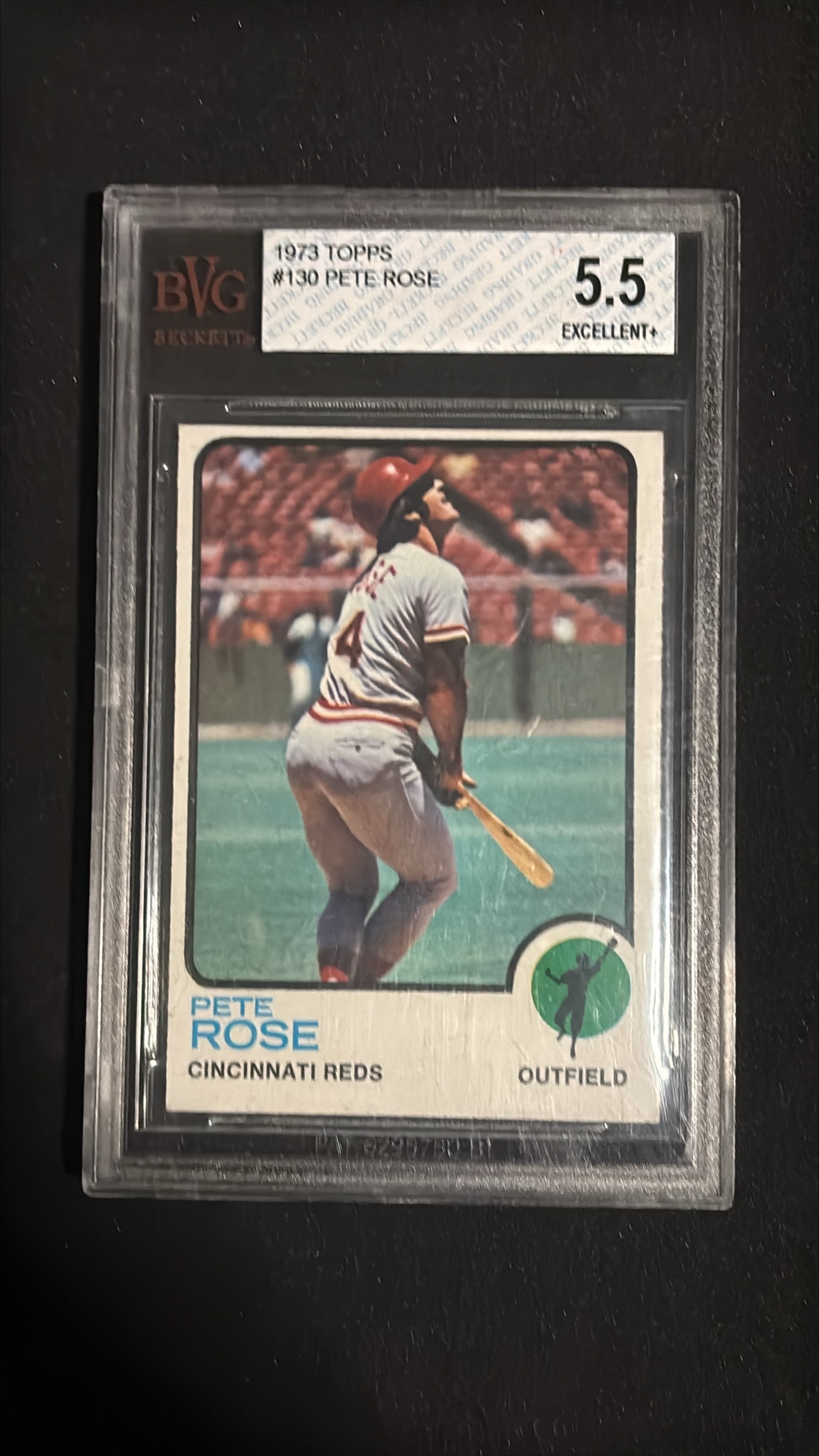 1973 Topps #130 Pete Rose BVG 5.5: 1973 Topps #130 Pete Rose graded BVG 5.5 (EXCELLENT+). Cincinnati Reds outfield. Pete Rose is baseball's all-time hits leader with 4,256 career hits and was elected to the Hall of Fame. Born April 14,