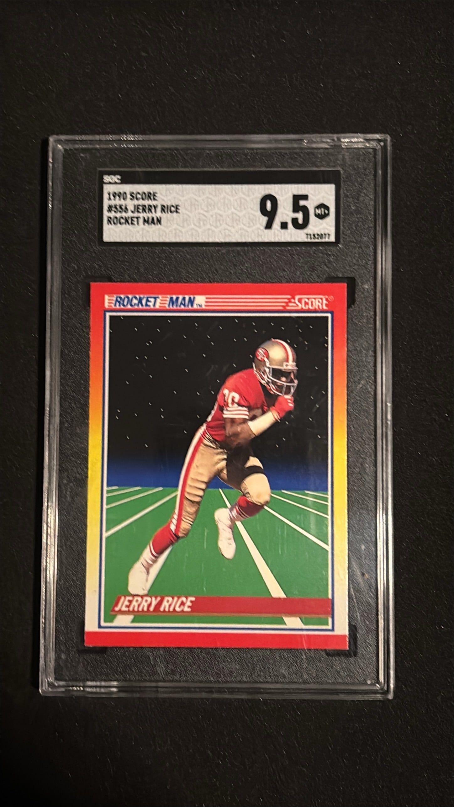 1990 Score #554 Jerry Rice SGC 9.5 MT+: 1990 Score #554 Jerry Rice Rocket Man graded SGC 9.5 (Mint Plus). San Francisco 49ers legendary wide receiver. Jerry Rice is universally considered the greatest wide receiver of all time with 22 Pro B