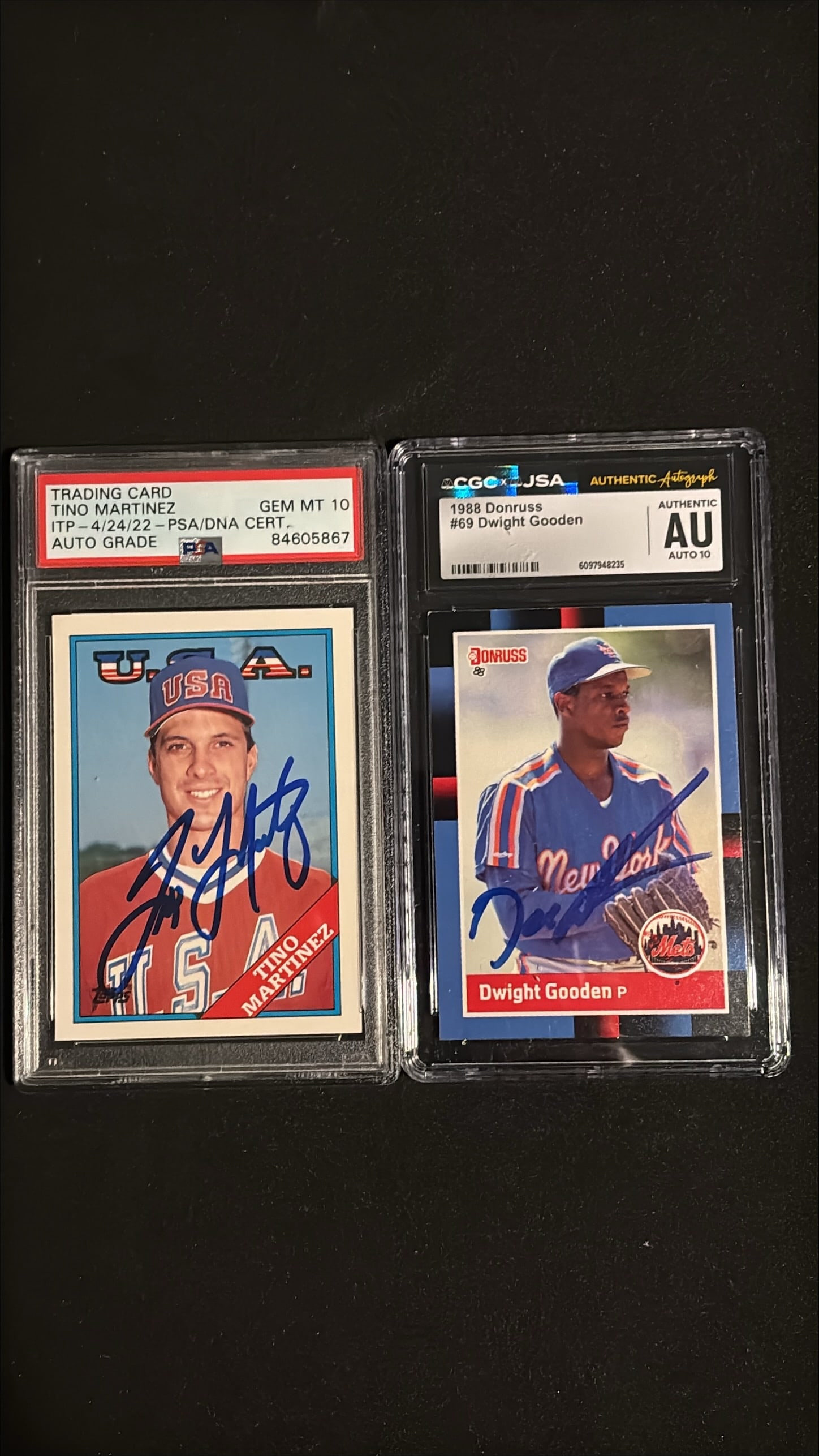 Two Signed Cards: Tino Martinez + Dwight Gooden 1988 Donruss #69: Lot of two autographed baseball cards. (1) Tino Martinez signed card graded PSA AUTO GRADE GEM MT 10, PSA/DNA certified, shown in USA Olympic or Team USA uniform with blue-ink signature. Tino Martinez