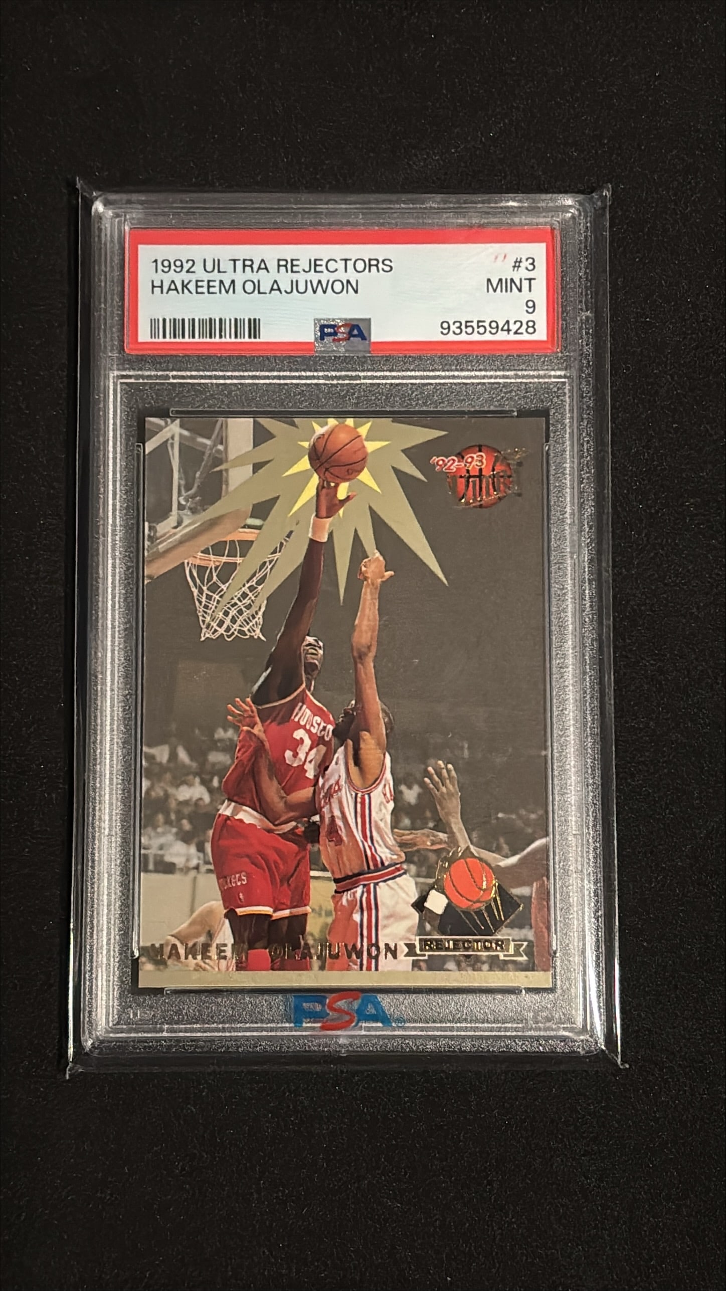 1992 Ultra Rejectiors #3 Hakeem Olajuwon PSA 9: 1992 Ultra Rejectiors #3 Hakeem Olajuwon Texas Tornado graded PSA 9 (Mint). Houston Rockets center. One of the greatest defensive players and centers in NBA history with 11-time All-Star selections, 1