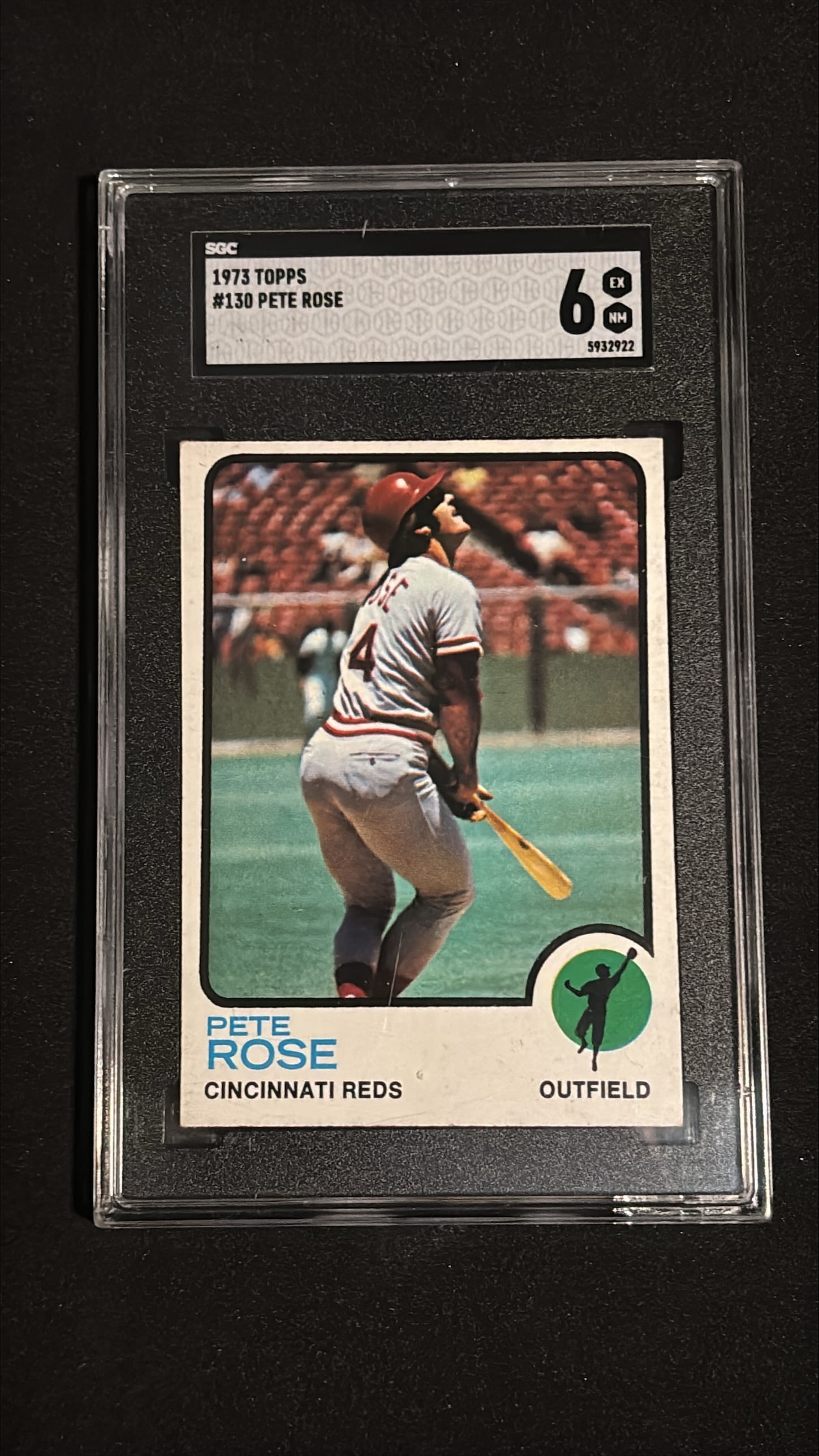1973 Topps #130 Pete Rose SGC 6: 1973 Topps #130 Pete Rose graded SGC 6 (EX-NM - Excellent to Near Mint). Cincinnati Reds outfielder. Pete Rose is one of baseball's most iconic and controversial figures - the all-time hits leader wit