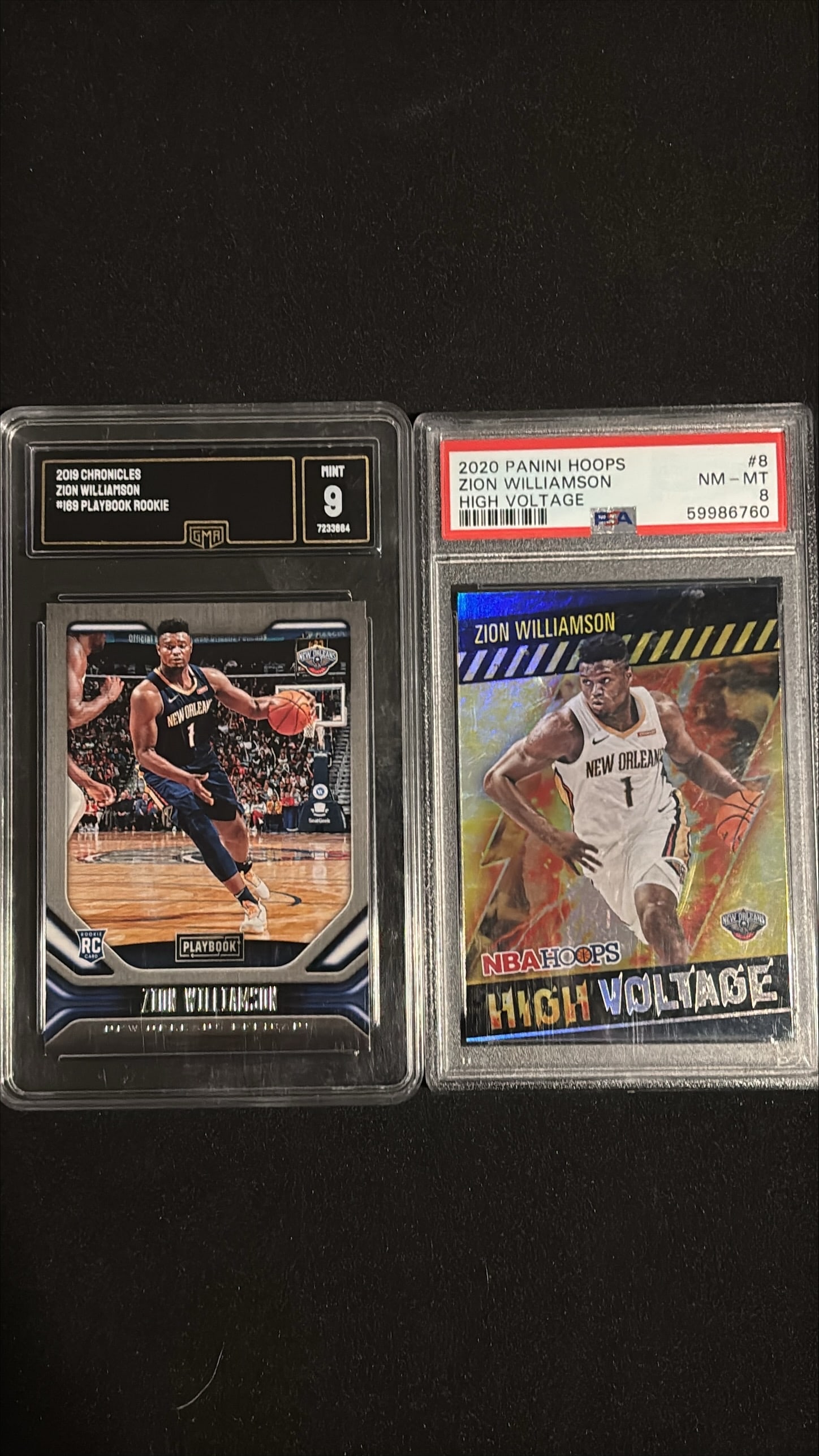 Two Zion Williamson Card Lot: 2019 Chronicles Playbook GMA 9 + 2020 Hoops High Voltage PSA 8 (1 of 2)