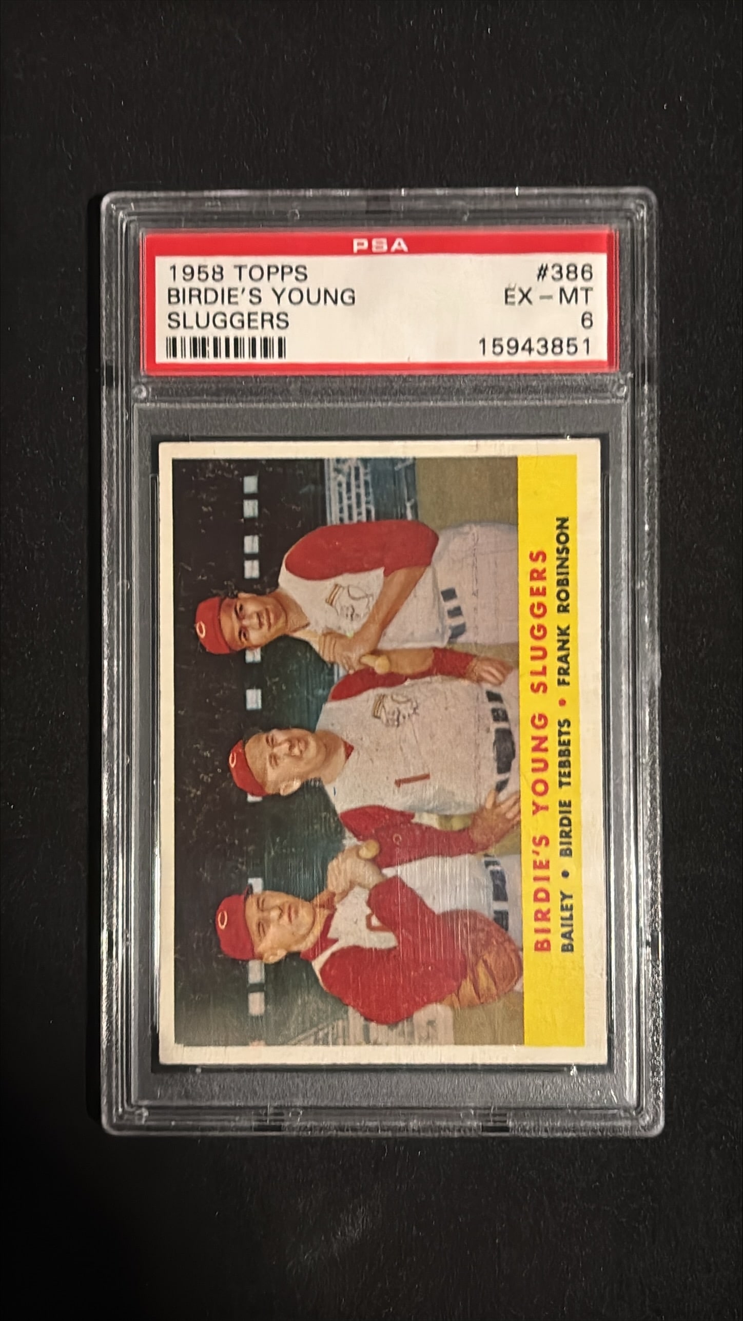 1958 Topps #386 Birdie's Young Sluggers PSA 6: 1958 Topps #386 Birdie's Young Sluggers featuring Ed Bailey, Birdie Tebbetts, and Frank Robinson graded PSA 6 (EX-MT - Excellent to Mint). Frank Robinson is a Hall of Famer and one of the greatest bas