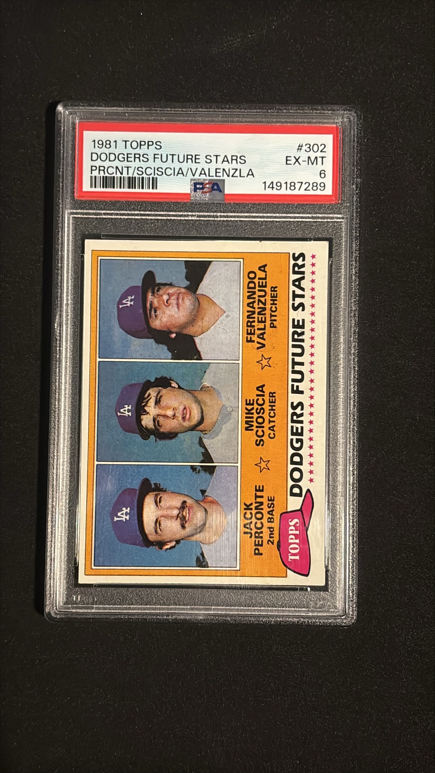 1981 Topps #302 Dodgers Future Stars - Fernando Valenzuela, Mike Scioscia, Jack Perconte PSA 6 EX-MT: 1981 Topps #302 Dodgers Future Stars featuring three young Los Angeles Dodgers prospects: Fernando Valenzuela (Pitcher), Mike Scioscia (Catcher), and Jack Perconte (2nd Base). Graded PSA 6 EX-MT. Fern