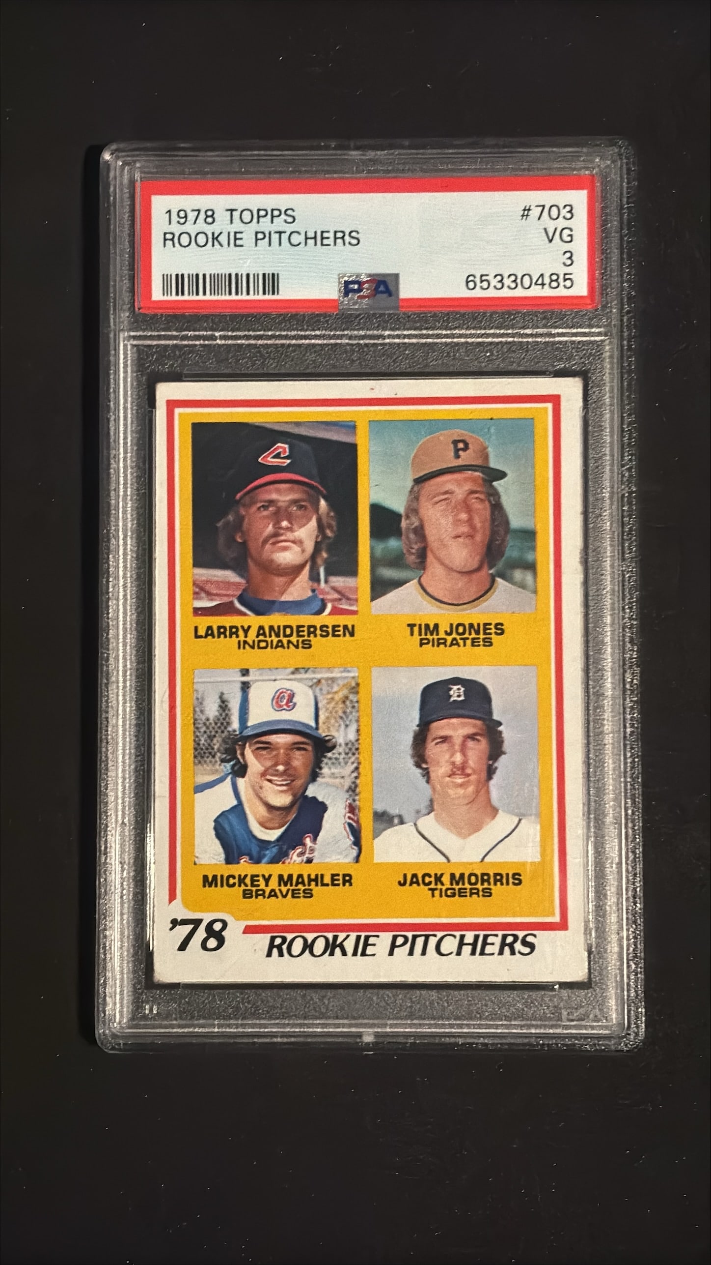 1978 Topps #703 Rookie Pitchers - Jack Morris PSA 3 VG: 1978 Topps #703 Rookie Pitchers featuring four young pitching prospects: Larry Andersen (Indians), Tim Jones (Pirates), Mickey Mahler (Braves), and Jack Morris (Tigers). Graded PSA 3 (Very Good). Jack